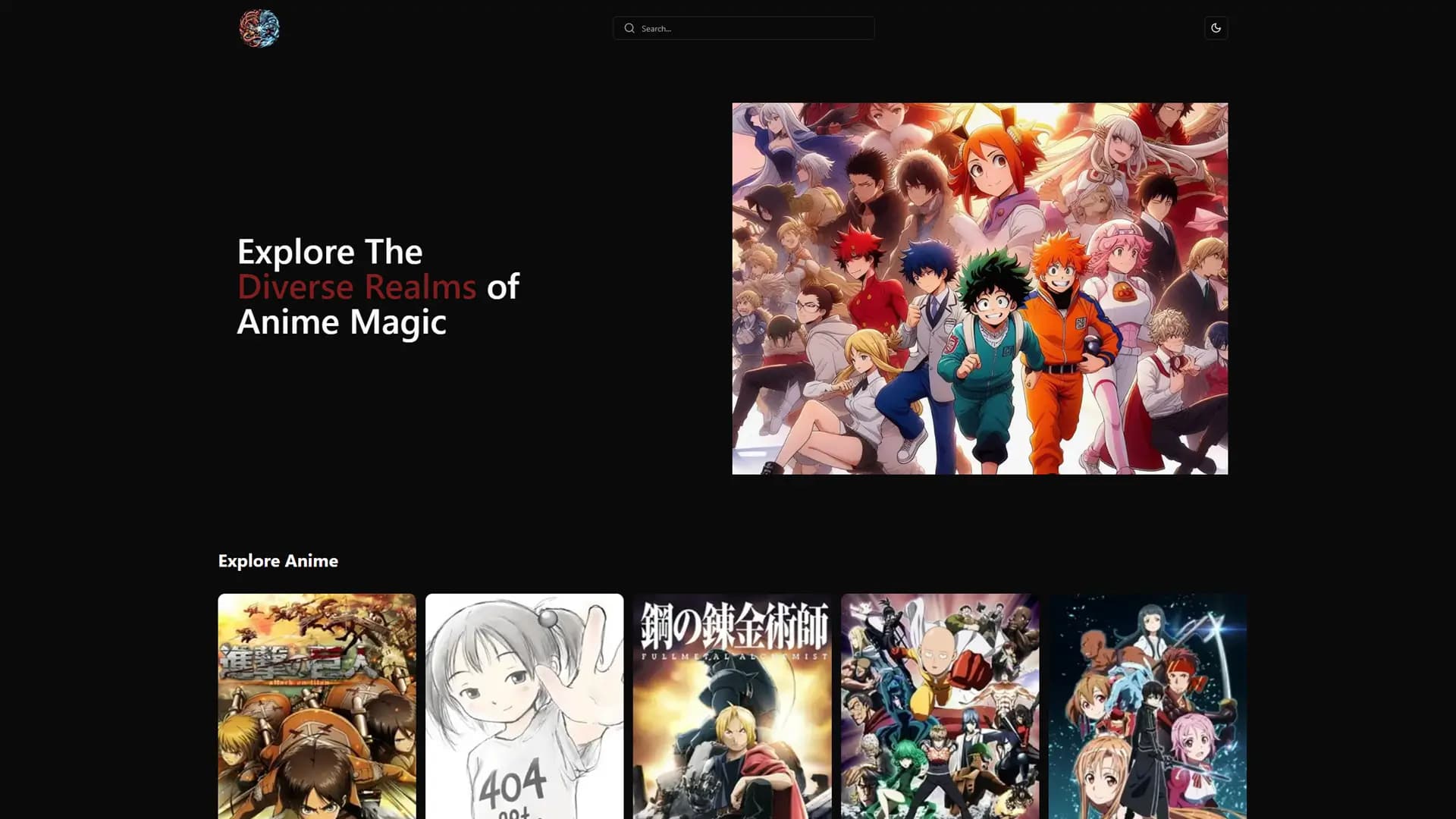 the landing page of anime-world